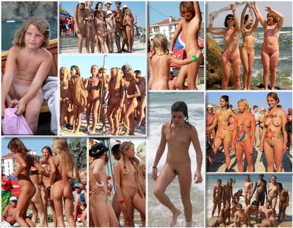 Adults and young nudists without clothes photo PureNudism Group beach and splash
